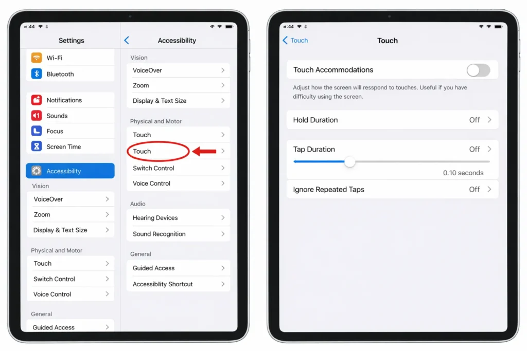 iPad Settings showing path to Accessibility Touch Accommodations toggle switch, visible in Settings > Accessibility > Touch menu