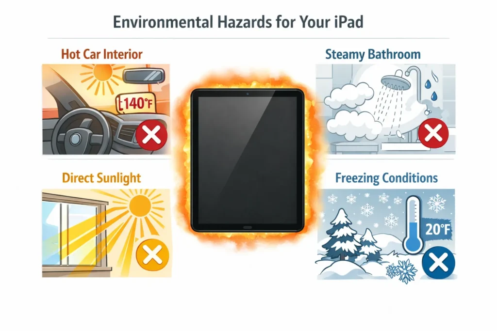 Infographic showing four environmental hazards to avoid for iPad touchscreen protection: hot cars, bathroom steam/moisture, direct sunlight, and extreme cold