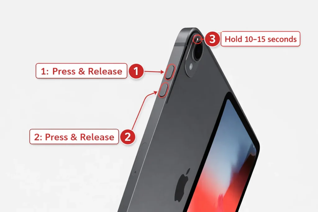 iPad Mini or Air showing home button at bottom center and power button location on top, with visual indication of simultaneous pressing required for force restart