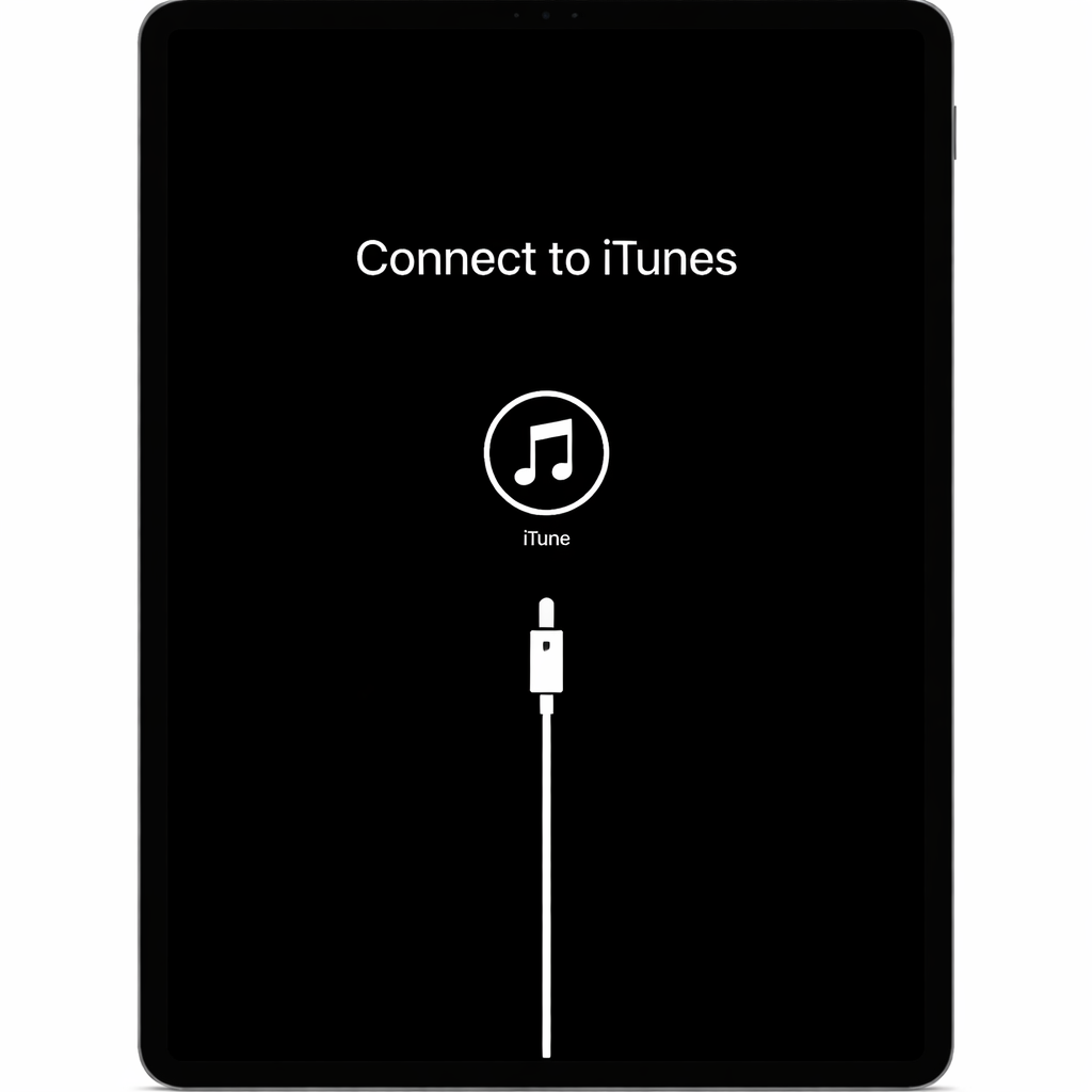 iPad displaying Recovery Mode screen with "Connect to iTunes" message, confirming device has entered Recovery Mode successfully