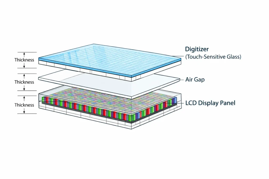 Cross-section diagram of iPad screen showing digitizer touch layer on top and LCD display panel underneath with air gap between them