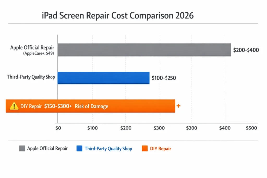 Horizontal bar chart comparing iPad screen repair costs: Apple Official $200-400, Third-Party Shops $100-250, DIY repair $150-300+ with risk