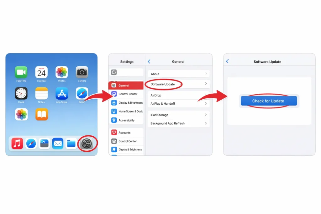 Three iPad Settings screenshots showing navigation path: Settings app, then General, then Software Update option highlighted