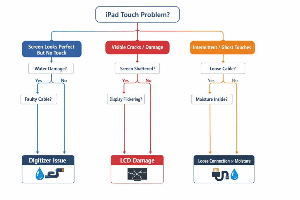 Decision tree flowchart helping diagnose iPad touch problems based on symptoms like visible damage, intermittent response, or ghost touches, pointing toward digitizer or LCD issues