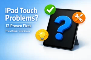 iPad with blue question mark and solution icons (checkmark, wrench, lightbulb) representing touchscreen troubleshooting guide with 12 proven fixes from repair technicians