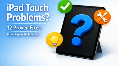 iPad with blue question mark and solution icons (checkmark, wrench, lightbulb) representing touchscreen troubleshooting guide with 12 proven fixes from repair technicians