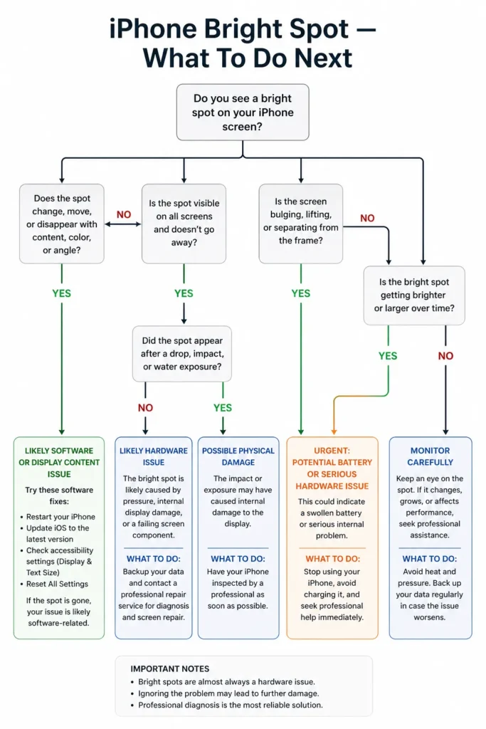 Decision flowchart guiding iPhone users through steps to diagnose and fix a bright spot on screen based on their specific situation