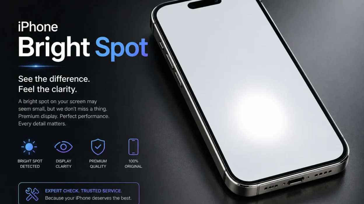 iPhone screen showing a bright glowing spot on white background, illustrating a common iPhone display defect