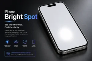 iPhone screen showing a bright glowing spot on white background, illustrating a common iPhone display defect