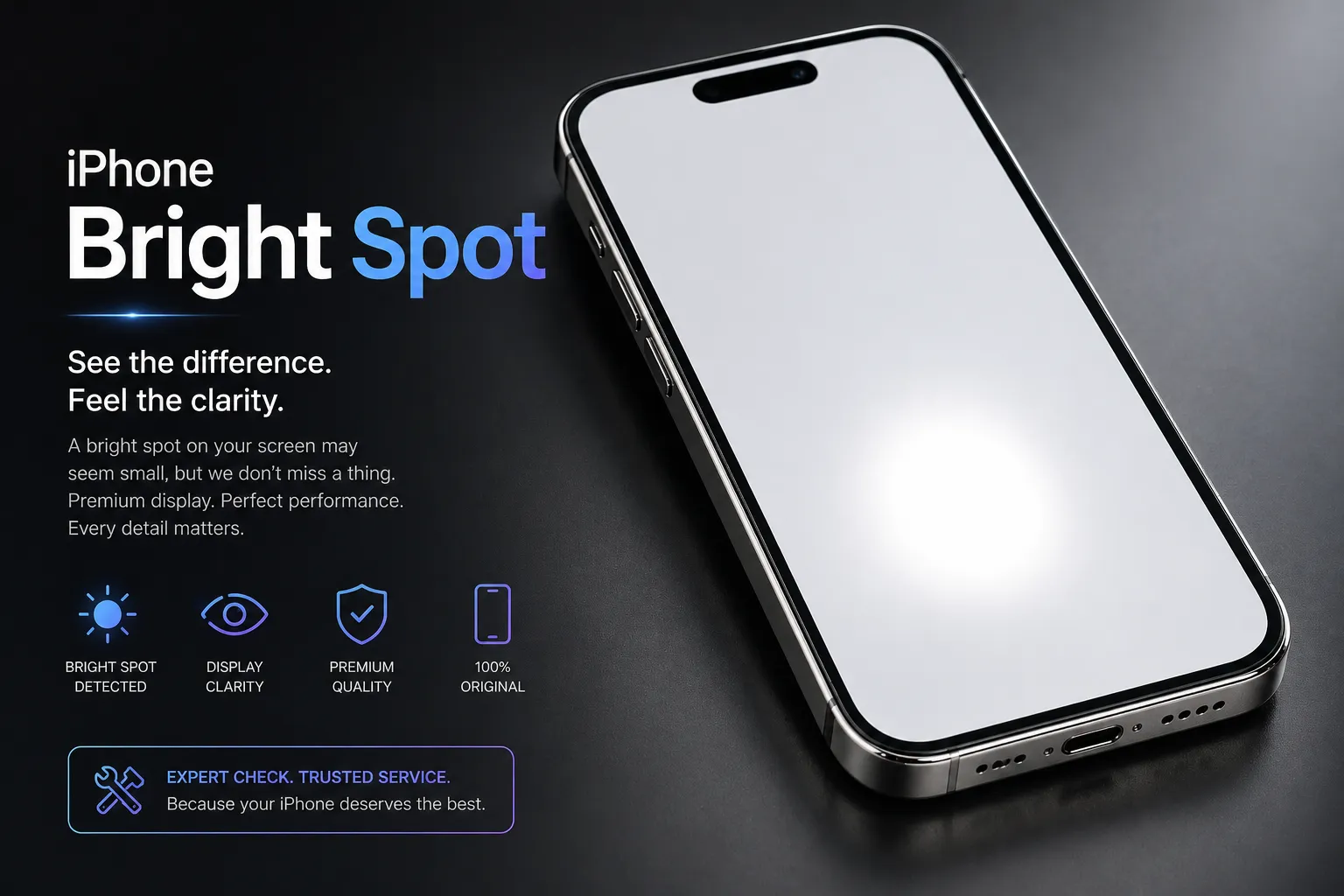 iPhone screen showing a bright glowing spot on white background, illustrating a common iPhone display defect