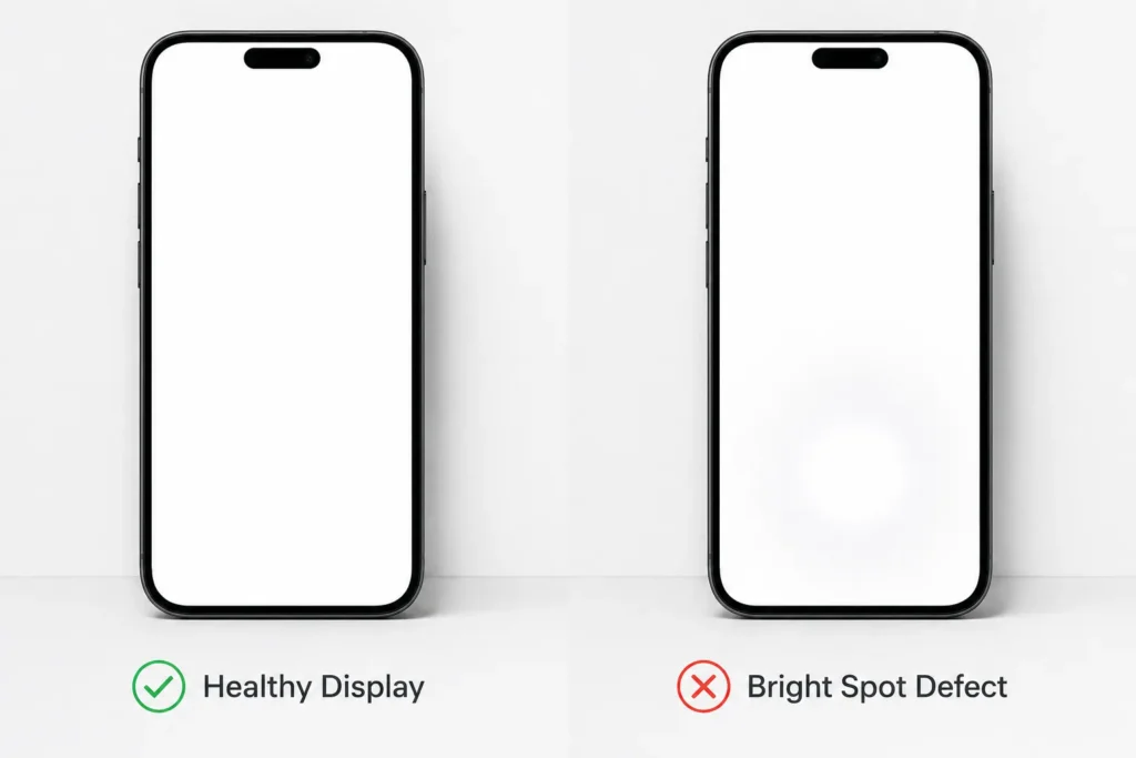 Side-by-side comparison of a healthy iPhone white screen versus an iPhone screen with a visible bright spot defect on white background