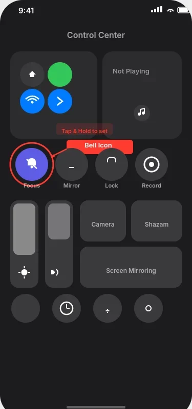 iPhone control center showing focus mode and do not disturb toggle for quickly silencing vibrations temporarily