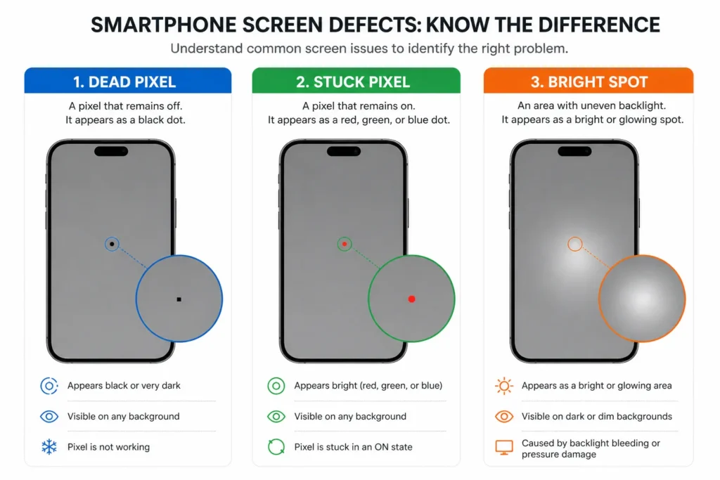 Three-panel comparison showing the visual difference between an iPhone dead pixel, stuck pixel, and bright spot screen defect