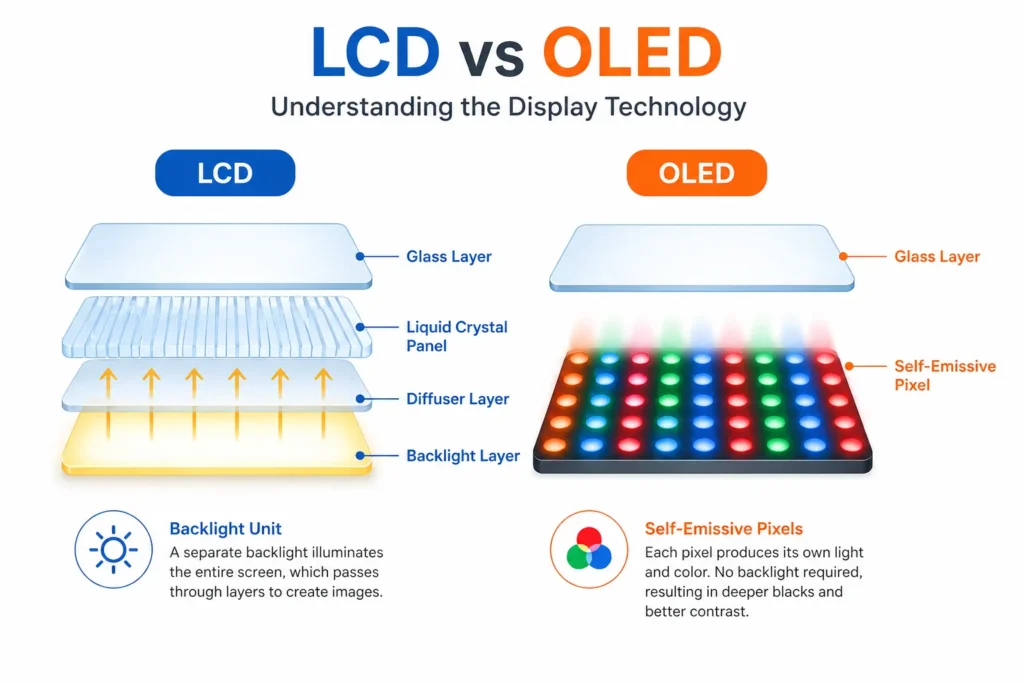 Diagram comparing iPhone LCD screen layer structure with backlight versus OLED screen with self-illuminating pixels and no backlight layer