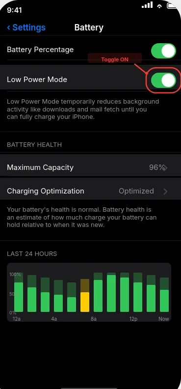 iPhone battery settings screen showing low power mode toggle that automatically disables vibration and haptic feedback to preserve battery life