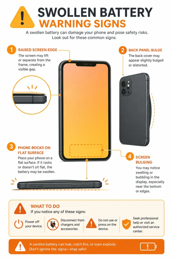 Diagram showing four warning signs of a swollen iPhone battery including raised screen edges, back panel bulge, and phone rocking on flat surface