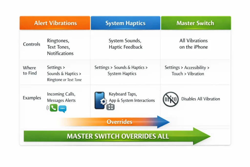  iPhone vibration settings comparison chart showing three separate systems - alert vibrations for calls and texts, system haptics for keyboard and Face ID, and accessibility master toggle that controls all vibrations