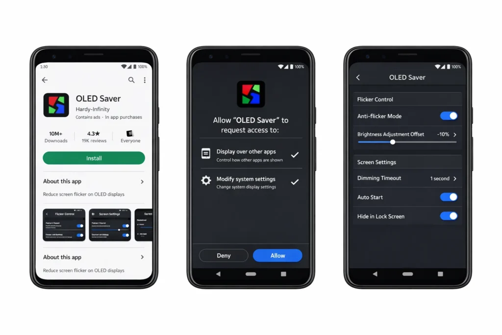 Screenshots showing OLED Saver app download and setup process for fixing phone screen lines