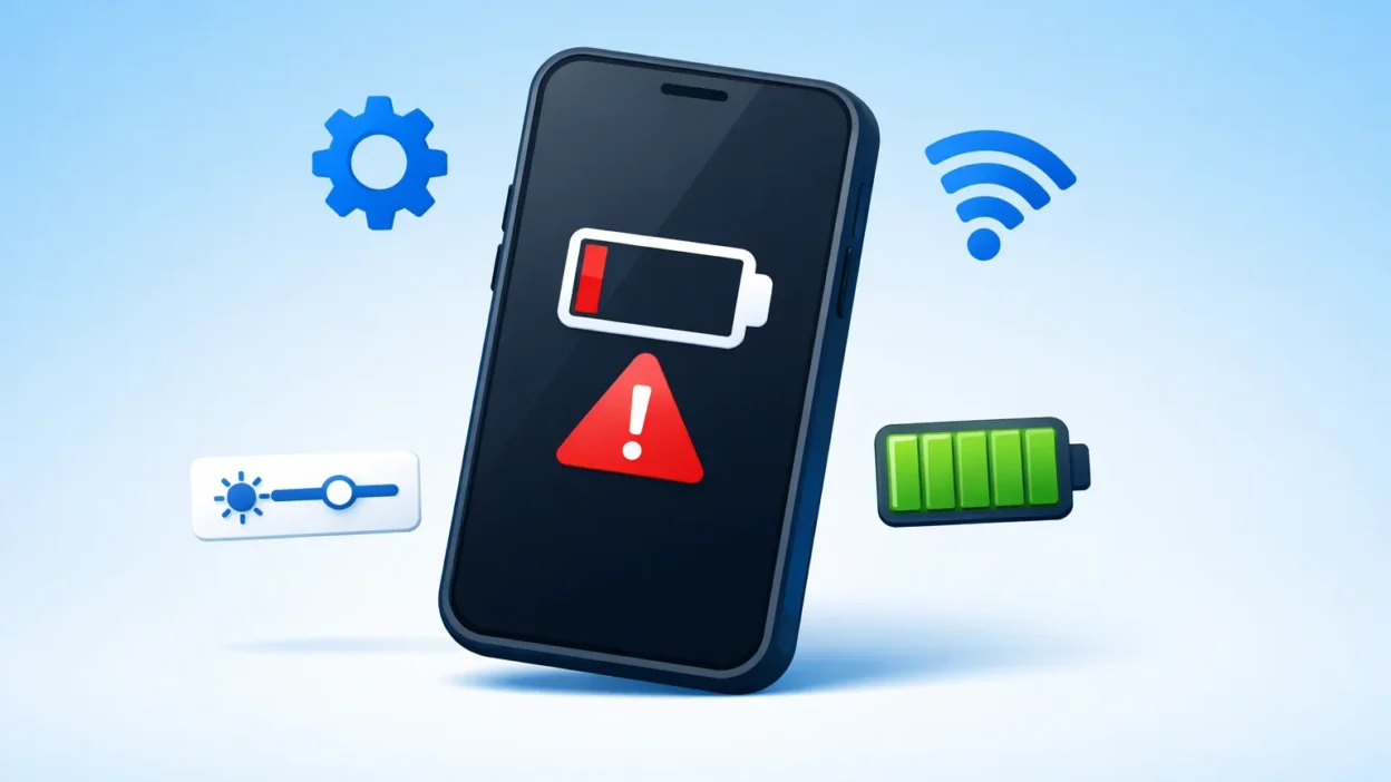 Smartphone displaying low battery warning with battery saving icons around it representing tips to fix fast battery drain