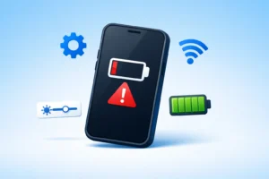 Smartphone displaying low battery warning with battery saving icons around it representing tips to fix fast battery drain