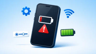 Smartphone displaying low battery warning with battery saving icons around it representing tips to fix fast battery drain