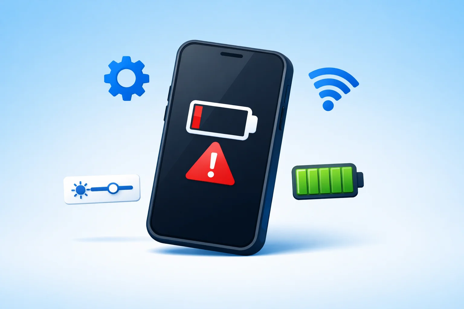 Smartphone displaying low battery warning with battery saving icons around it representing tips to fix fast battery drain