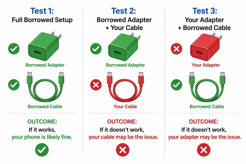 Diagram showing three-step swap test to diagnose whether a phone's charging cable or wall adapter is faulty, with outcome indicators for each test