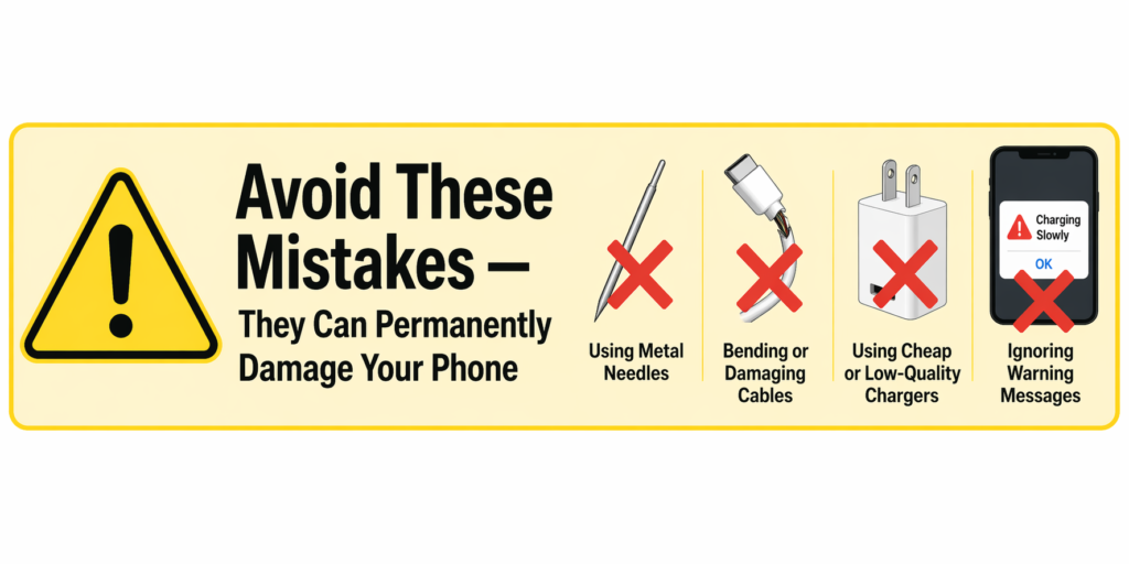 Warning graphic listing four dangerous phone charging mistakes to avoid including using metal tools, bending cables, using cheap parts, and ignoring battery warnings