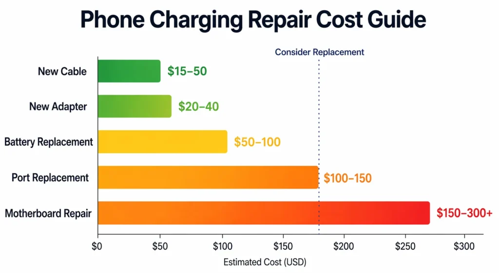 Horizontal bar chart comparing phone charging repair costs from cable replacement at $15–50 to motherboard repair at $150–300 or more