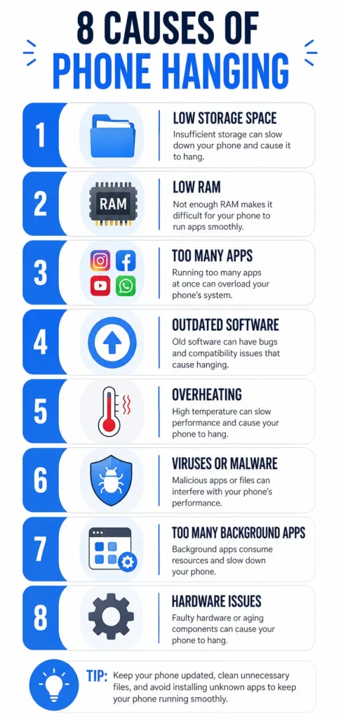 Infographic listing eight main reasons why phones freeze: low storage, 
insufficient RAM, background apps, outdated software, heavy apps, app 
conflicts, malware, and overheating