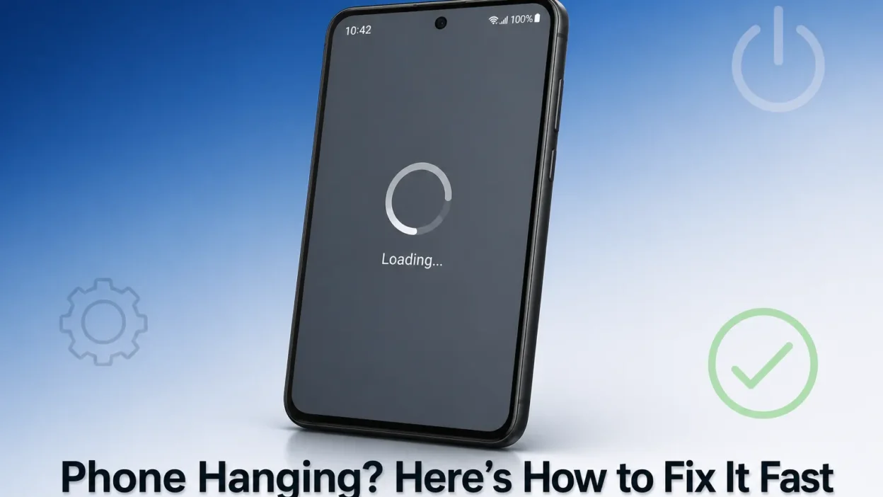 Modern Android smartphone displaying frozen loading screen with spinning progress indicator, suggesting phone hanging issue, gradient blue and white background with subtle fix-related icons, professional tech article hero image