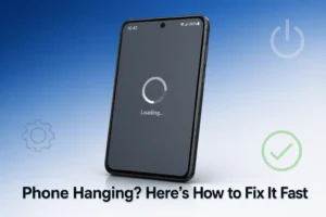 Modern Android smartphone displaying frozen loading screen with spinning progress indicator, suggesting phone hanging issue, gradient blue and white background with subtle fix-related icons, professional tech article hero image