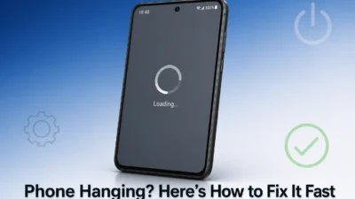 Modern Android smartphone displaying frozen loading screen with spinning progress indicator, suggesting phone hanging issue, gradient blue and white background with subtle fix-related icons, professional tech article hero image