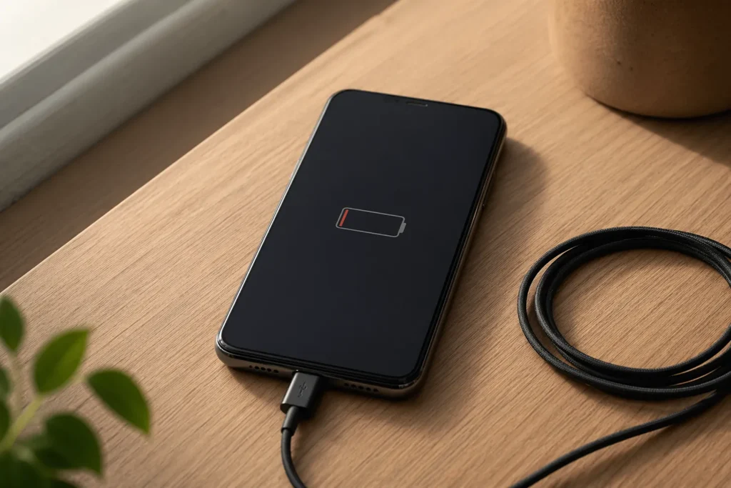 Smartphone with dark screen and USB-C cable plugged in on a wooden desk, illustrating a phone that won't charge