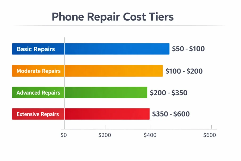 Bar chart comparing phone screen repair costs from connector cleaning to full display replacement