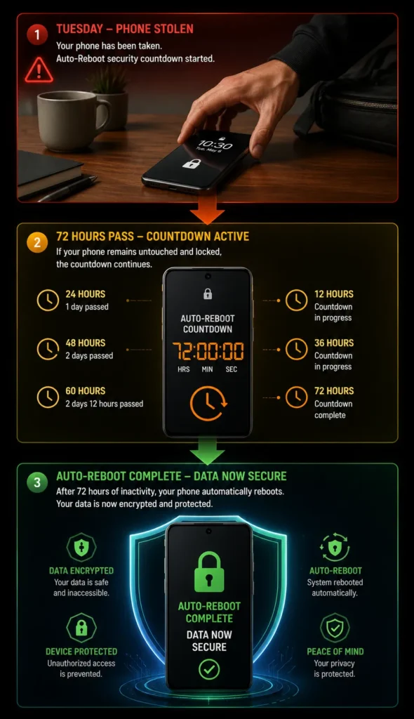 Timeline infographic showing phone theft scenario where stolen Android phone becomes more secure after 72 hours when auto-reboot automatically activates, dramatically improving data protection