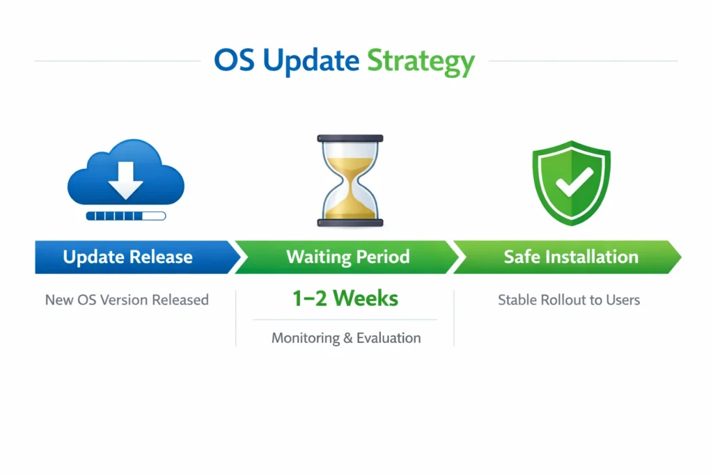 Timeline infographic showing recommended waiting period before installing major phone operating system updates