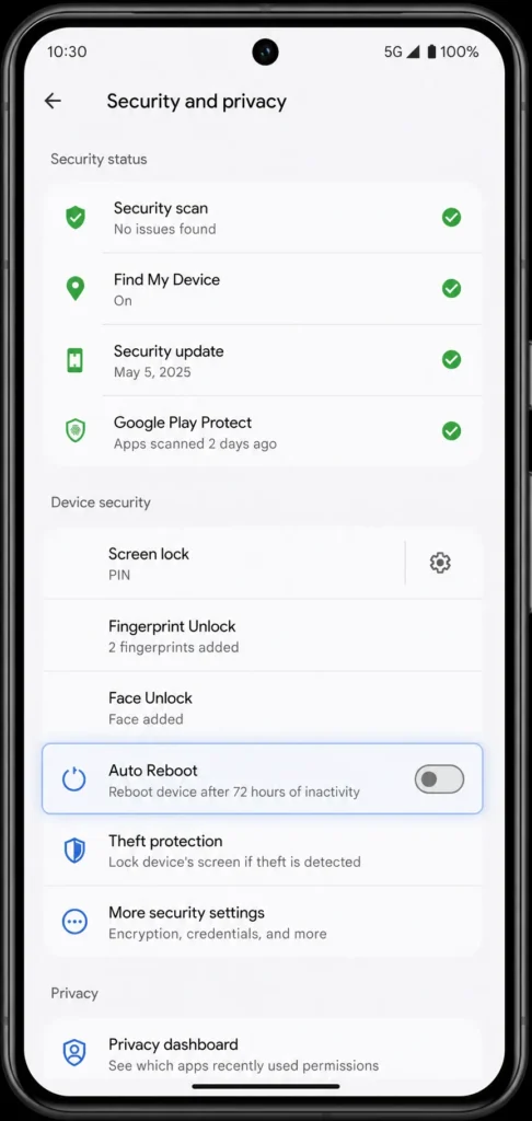 Screenshot of Google Pixel Android Settings app showing Security and Privacy menu with Auto Reboot toggle option highlighted and ready to enable