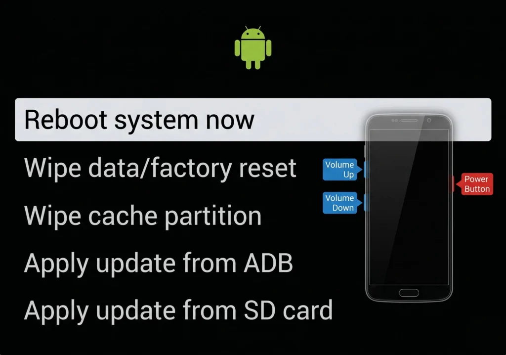 Diagram showing Power and Volume Down buttons pressed simultaneously on Android phone for 10-15 seconds to force shutdown