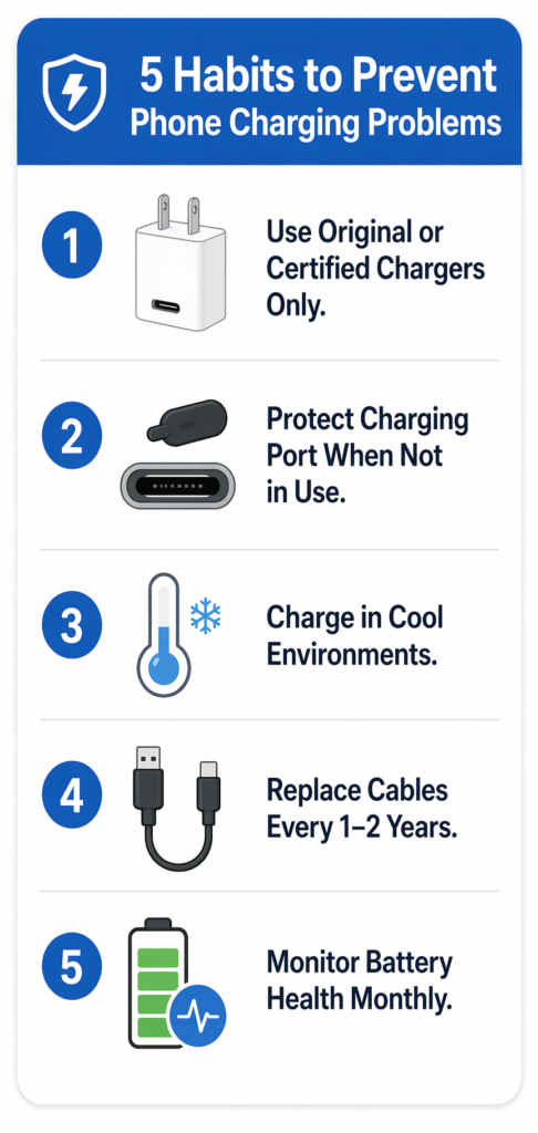 Infographic listing five habits to prevent phone charging problems including using certified chargers, protecting the port, charging in cool environments, replacing cables, and monitoring battery health