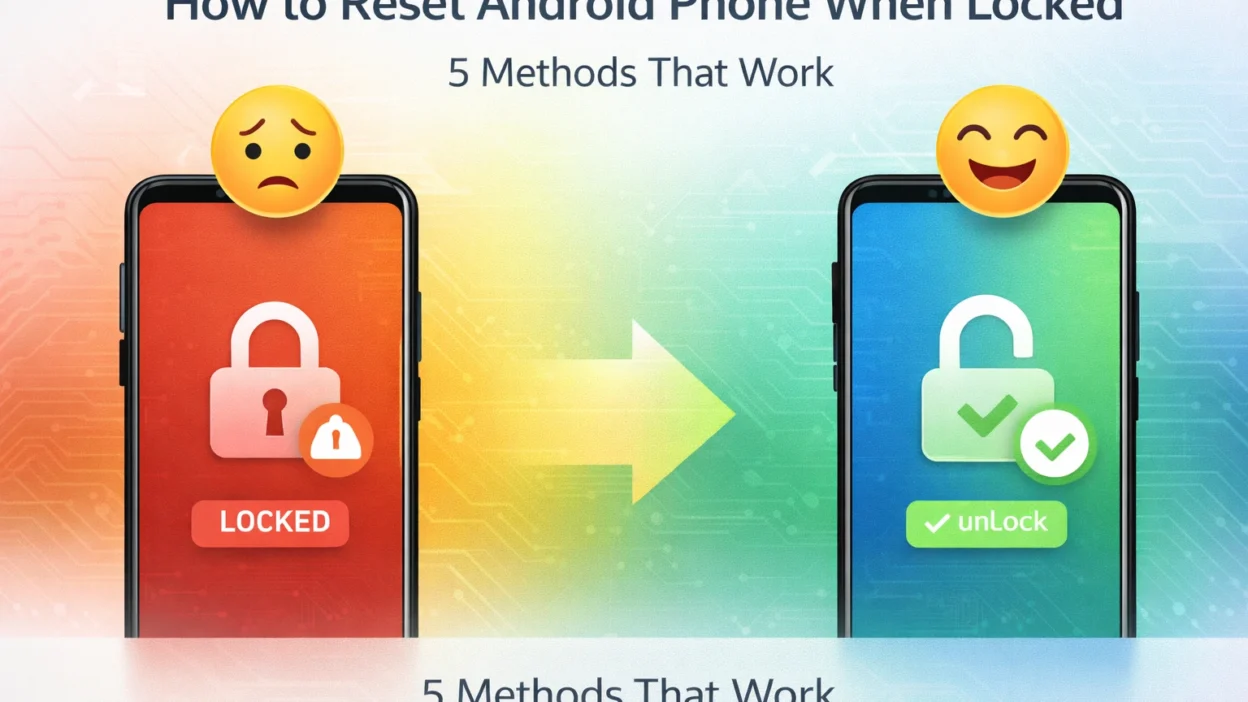 Hero illustration showing Android phone locked on left side transitioning to unlocked on right side, representing how to reset Android phone when locked