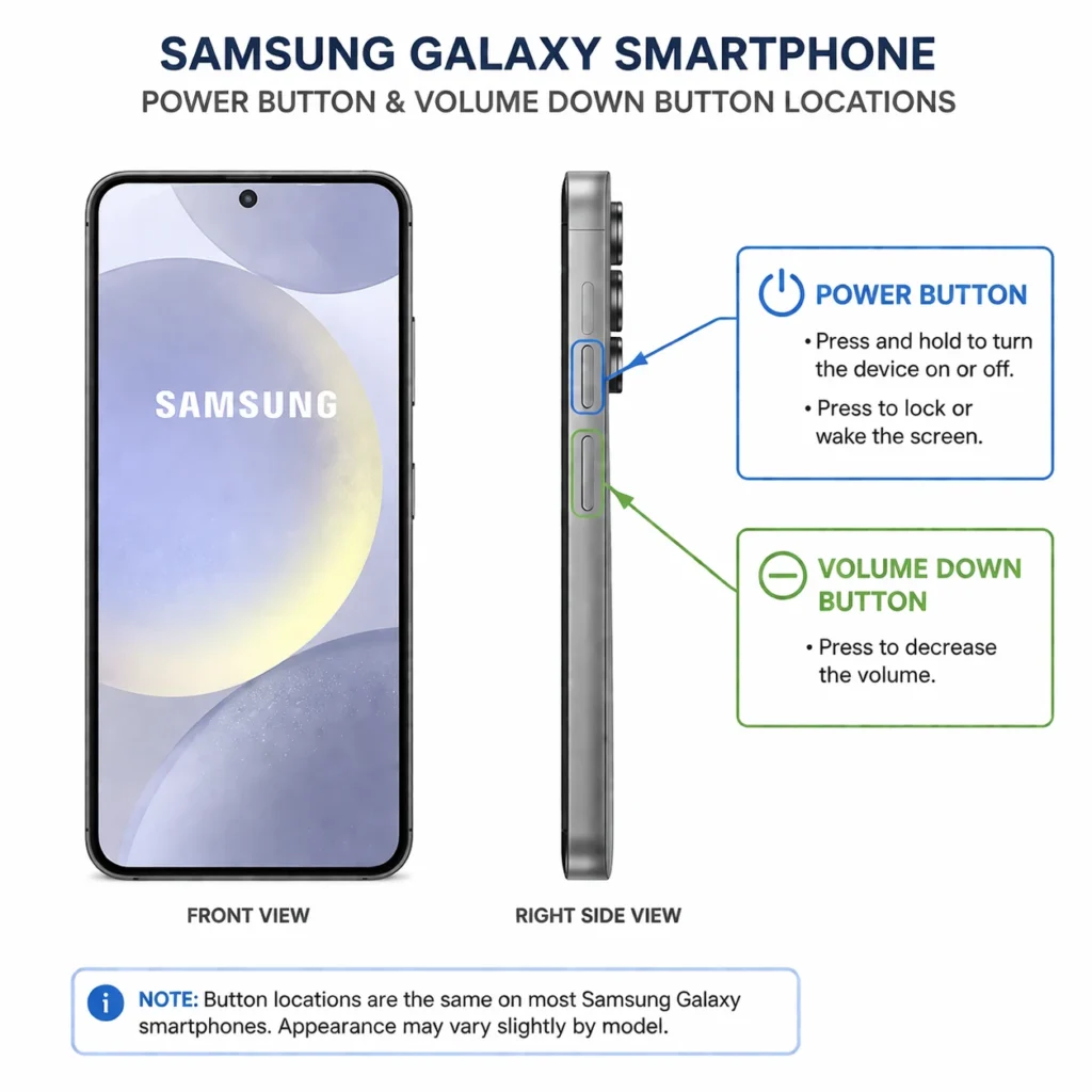 Diagram showing Power and Volume Down button locations for Samsung Galaxy force restart procedure