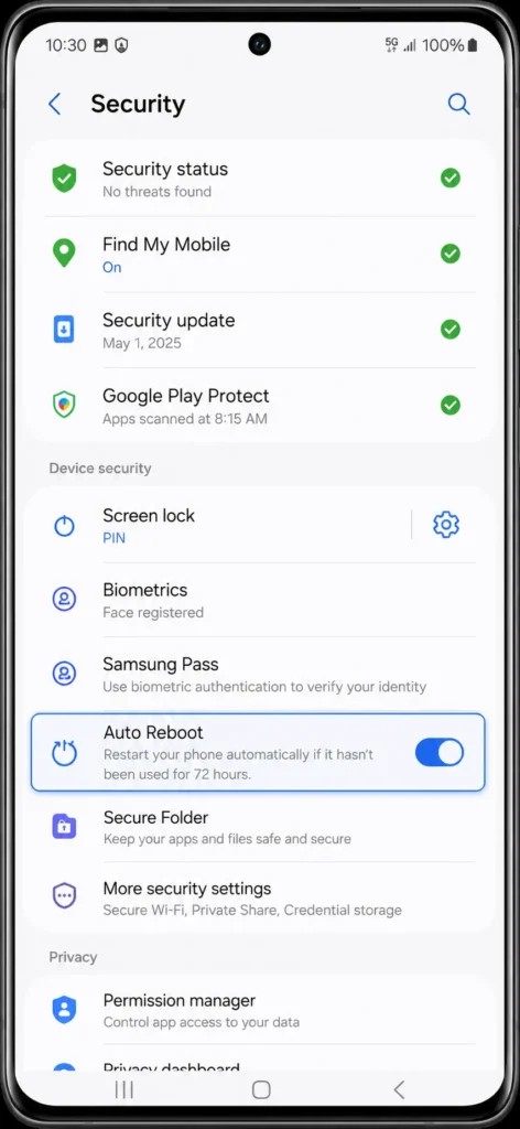 Screenshot of Samsung Galaxy One UI Settings app showing Security menu with Auto Reboot toggle option enabled in blue