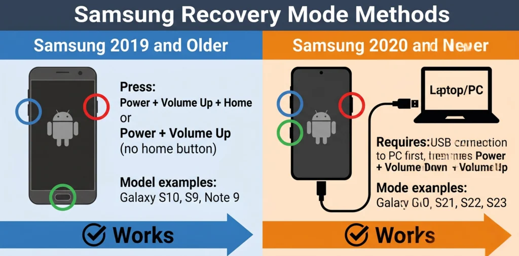 Comparison diagram showing different button combinations for Samsung phones 2019 and older (Power + Volume Up) versus 2020 and newer models (require USB PC connection first)

