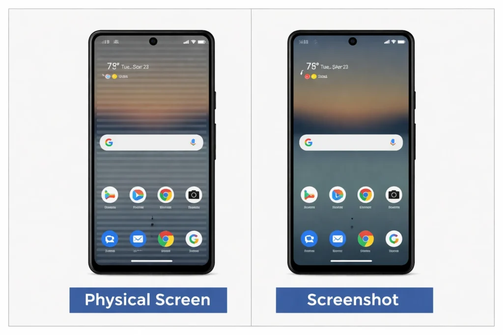 Split screen comparison showing phone with white lines versus clean screenshot for diagnostic testing