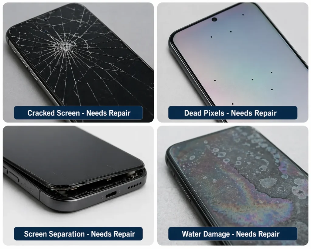 Four examples of touchscreen hardware damage: cracked screen, dead pixels, screen separation from frame, and water damage under glass - all requiring professional repair