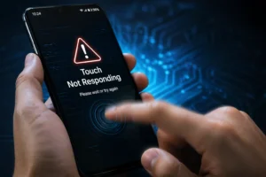 Frustrated user attempting to fix unresponsive smartphone touchscreen showing "Touch Not Responding" error message with finger tapping screen