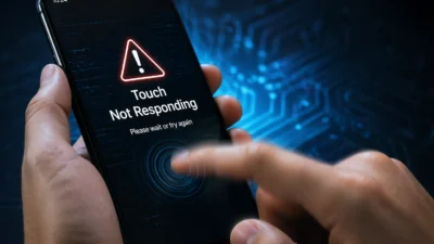 Frustrated user attempting to fix unresponsive smartphone touchscreen showing "Touch Not Responding" error message with finger tapping screen