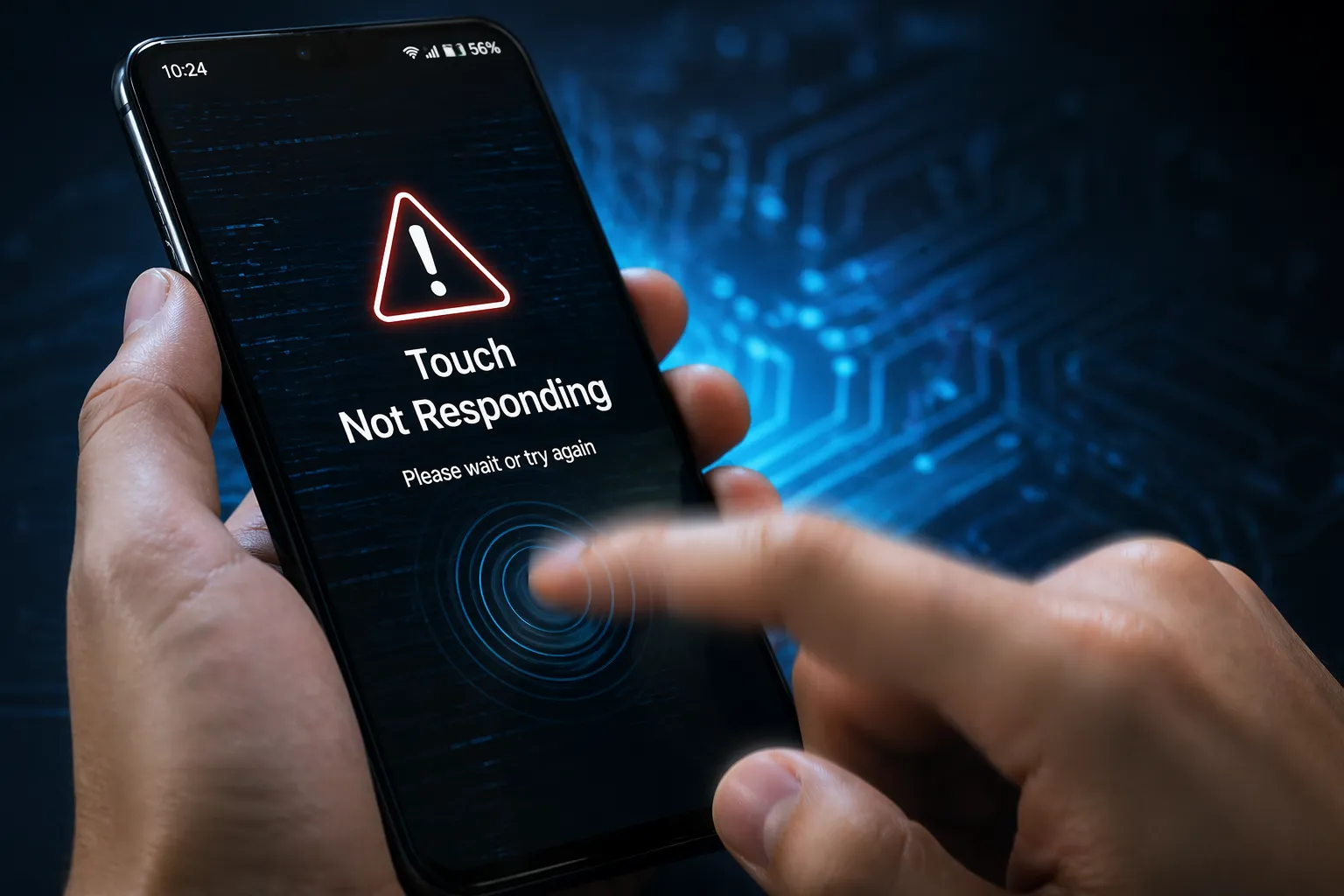 Frustrated user attempting to fix unresponsive smartphone touchscreen showing "Touch Not Responding" error message with finger tapping screen