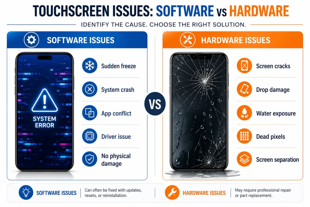 Comparison infographic showing software issues (system crashes, app conflicts, driver problems) versus hardware issues (cracked screens, water damage, physical trauma) affecting touchscreens